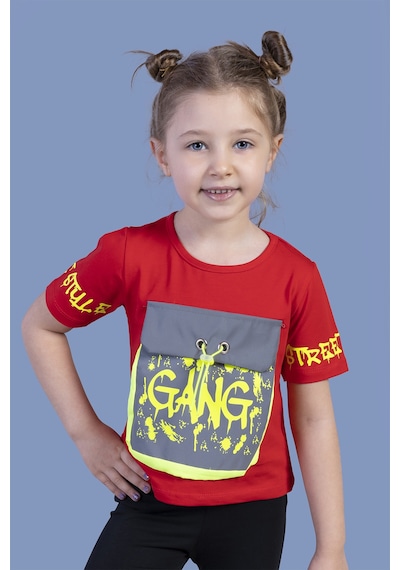 Toontoy Kids Toontoy Kız Çocuk Cebi Reflektör Detaylı Baskılı Tişört Kırmızı