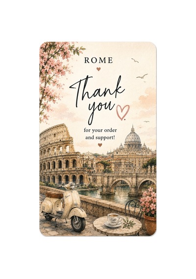 Rome Temalı Thank You Kartı 8x5 Cm Sipariş Teşekkür Kartı Paket Içi Not Kartı 100 Adet - Bej - 057