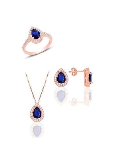 Gümüş Rose Safir Taşlı Damla Modeli Üçlü Set