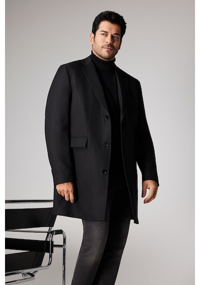 AC&Co / Altınyıldız Classics Erkek Sıyah Standart Fit Normal Kesim Mono Yaka Armürlü Kapak Cepli Palto Siyah