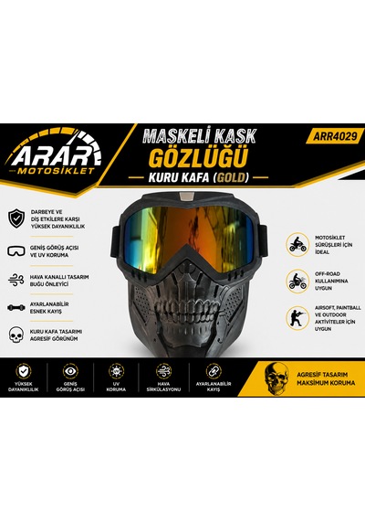 Maskeli Kask Gözlüğü Kuru Kafa Gold -arr4029 Gold- Siyah