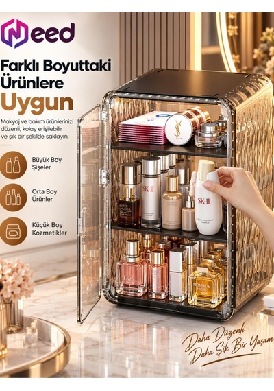 Need Dolap Tasarımlı Şeffaf Kapaklı Makyaj Organizeri Gold Transparan - Nd-8095-tpb