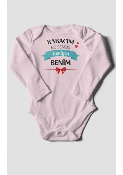 Morivokids Babacım Bu Seneki Hediyen Benim Uzun Kollu Bebek Body %100 Pamuk Bebe Pembe