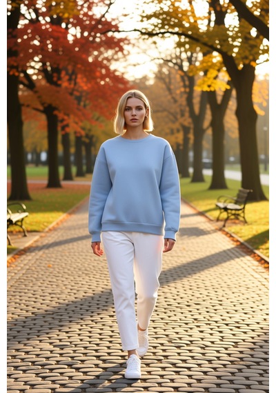 Benerly Kadın Bisiklet Yaka Düşük Kol Regular Kalıp Örme Sweatshirt Fonks Açık Mavi