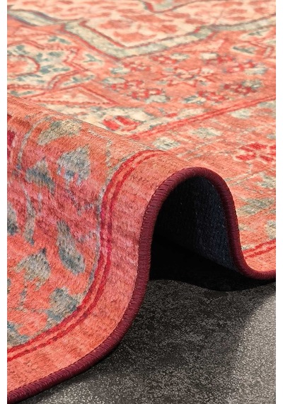 Frenda Home Vintage Desen Pamuk Taban Baskılı Yıkanabilir Halı Kırmızı