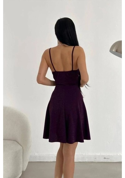 Veraura Lifestyle Kadın Krep Kumaş V Yaka Mini Askılı Elbise Mor