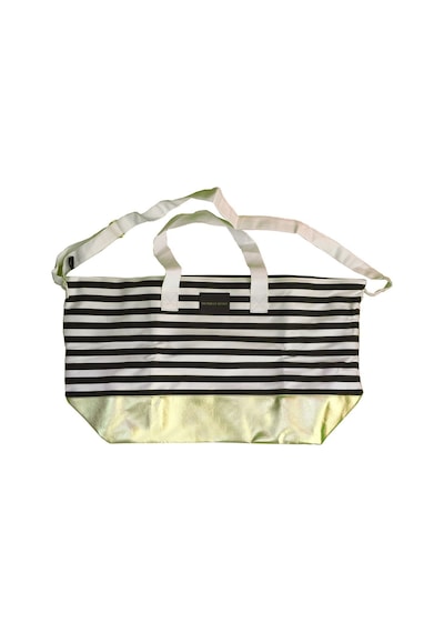 Victoria's Secret Vs Siyah Beyaz Çizgili Gold Taban Askılı Duffle Carryall Tote Siyah