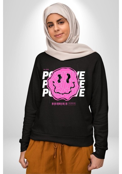 Positive Enerji Emoji Gülen Surat Unisex Siyah Sweatshirt Siyah