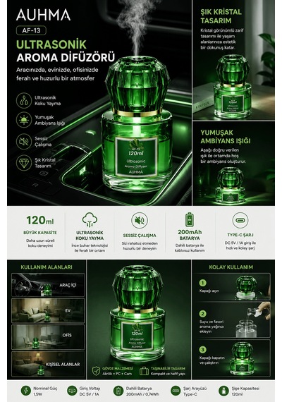 Auhma Af-13 120ml Şarjlı Ultrasonik Araç Koku Difüzörü Yeşil Ambiyans Işıklı Ebony Esans Aroma Yayıcı
