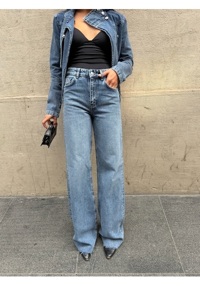 Out Of Standart Kadın Midwaist Flare Yüksek Bel Geniş Paça Jean Pantolon İce Blue