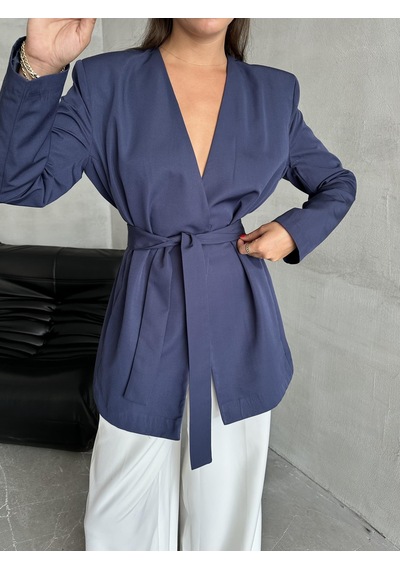 Lacivert Elegant Kuşaklı Ceket Lacivert
