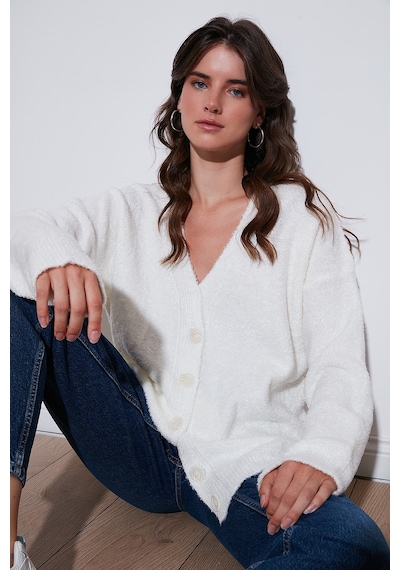 Lela Oversize Fit Düğmeli V Yaka Uzun Kollu Triko Bayan Hırka 4616232 Taş
