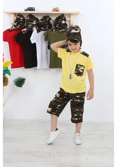 Mavi Boncukk Unisex Çocuk Kamuflaj Desenli Tişört Kapri Ve Bere 3'lü Takım Sarı