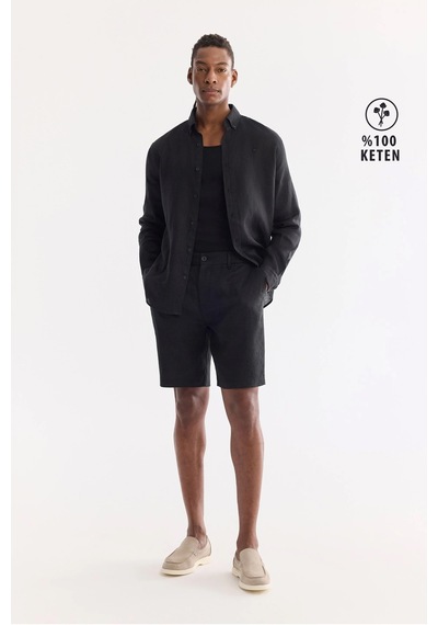 Avva Erkek Siyah Beli Lastikli %100 Keten Relaxed Fit Şort B003732
