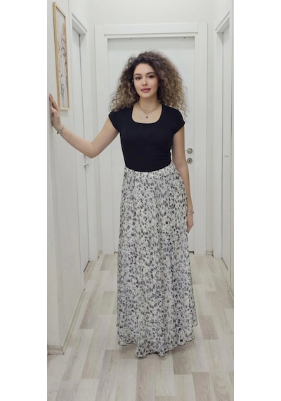 Lodmela Bel Lastikli Kloş Şifon Etek 6003-beyaz/siyah Beyaz/siyah Beyaz - Siyah