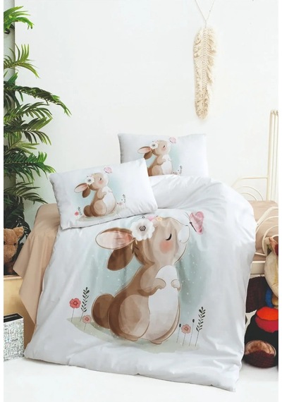 Kız Bebek Ekru Kahve Tavşan Desenli Bebek Nevresim Takımı 100x150cm Çok Renkli