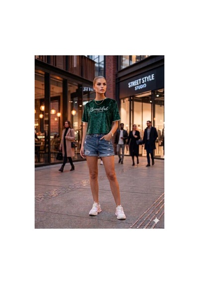 Maşuka Kadife Kumaş Yazlık Kadın T-shirt Tişört Zümrüt Yeşili Zümrüt Yeşili