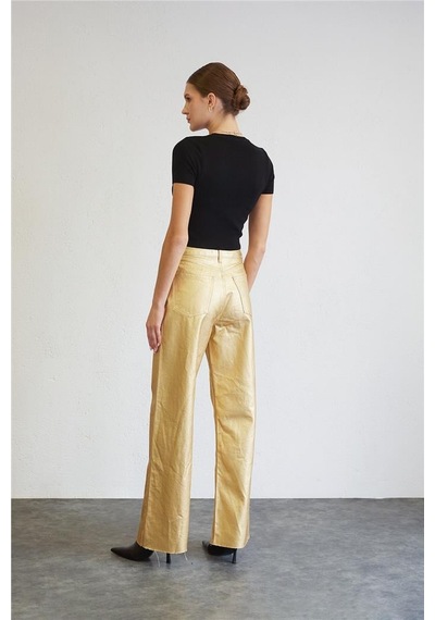 Yüksek Bel Metalik Pantolon Gold