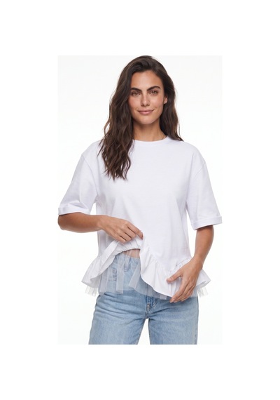 Onloox Kadın Beyaz Beyaz Pamuklu Bisiklet Yaka Kısa Kollu Oversize Alt Kısmı Volanlı Ve Tül Detaylı T-shirt