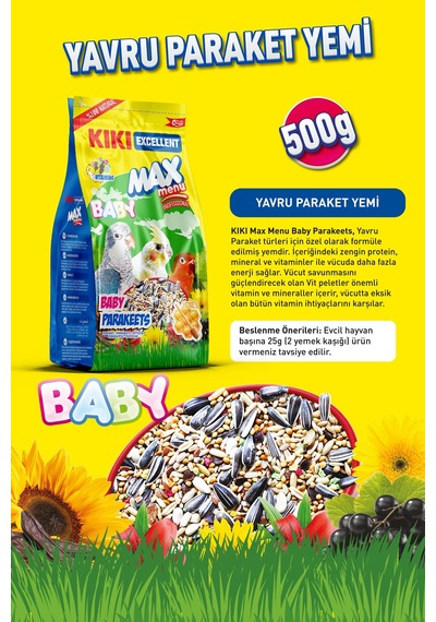 KIKI Excellent Kuş Max Menu Baby Parekets Yavru Paraket Kuşu Yemi 500 Gr. KB304