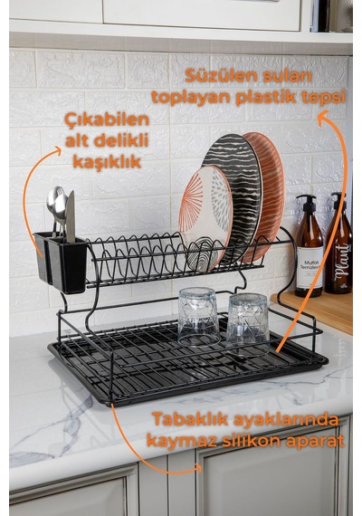 Paslanmaz 2 Katlı Metal Tabaklık Bulaşıklık Bulaşık Sepeti Termo Plastik Kaplama Siyah Siyah