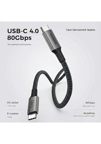 Usb 4.0 V2.0, 80gbps Usb C Veri Kablosu, 240w Usb C Şarj Kablosu, 8k 60hz 4k 240hz 2k 360hz Thunderbolt 5 Görüntü Kablosu, Macbook, Monitör, Docking İstasyonu, İphone İle Uyumlu - 1 Metre