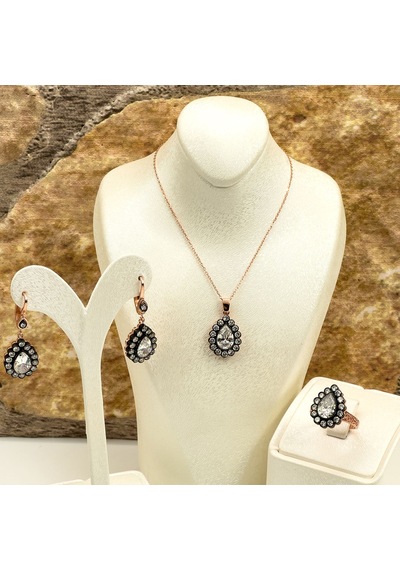 Elmas Montür Rosegold Damla Gümüş Set Takım - Lvrset06 Rose Gold
