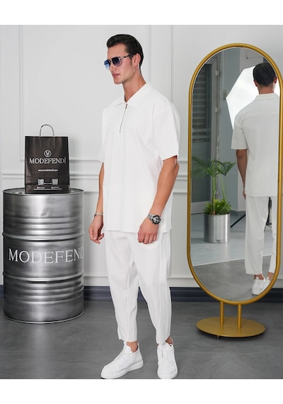 Modefendi Fermuar Detaylı Fitilli Oversize Alt Üst Takım Beyaz