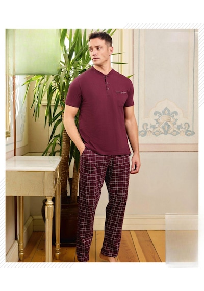 Pijamoni Erkek Düğme Yaka Kısa Kol Pijama Takımı 6850/11 - 1 Adet Mürdüm
