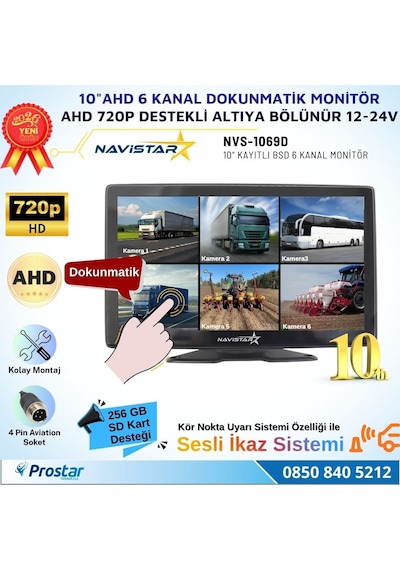 10 İnç 6 Kanal Dokunmatik Ahd 720p Kayıtlı Araç Monitörü 12-24v