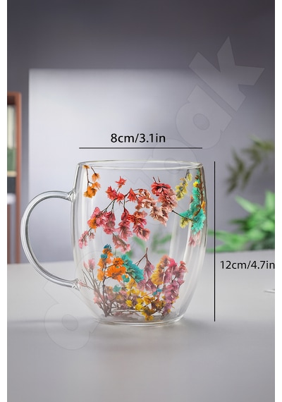 350 Ml Çidarlı Bardak - Çiçekli Çift Cam Bardak - El Yakmaz Camlı Bardak Borosilikat Isıya Dayanıklı Cam - Şeffaf