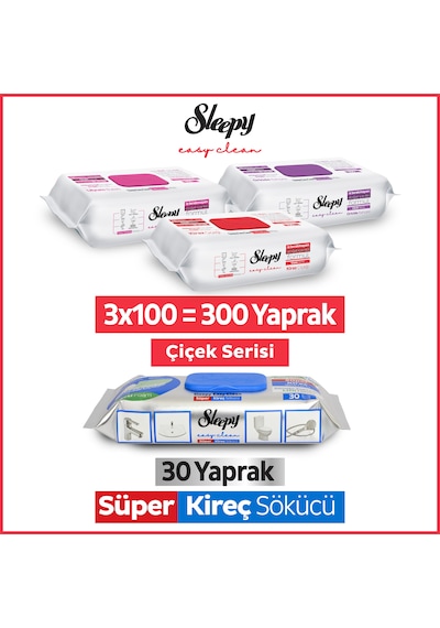 Sleepy Easy Clean Çiçek Serisi&Süper Kireç Sökücü Yüzey Temizlik Havlusu&Mendili(3x100+30)