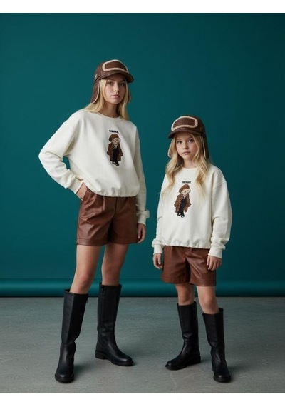 Kız Çocuk İki İplik Ayıcık Nakışlı Tasarım Sweatshirt-16467 Ekru Kahve