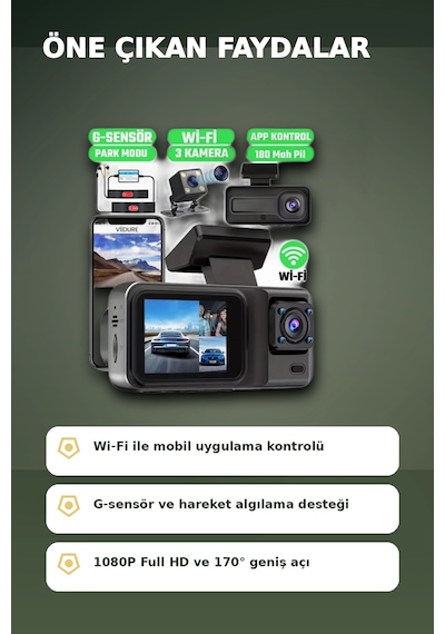 1080p Full Hd 3 Kameralı Wi-fi Araç İçi Kayıt Cihazı Ve Park Modlu Güvenlik Kamerası Seti