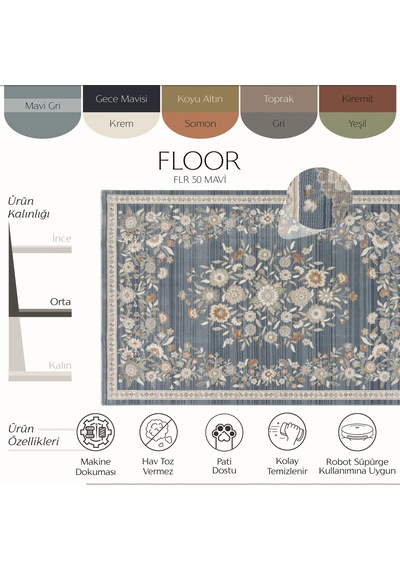 Cool Halı Floor Mavi Çiçek Desenli Vintage Oturma Odası Mutfak Balkon Dört Mevsim Pati Dostu Halı