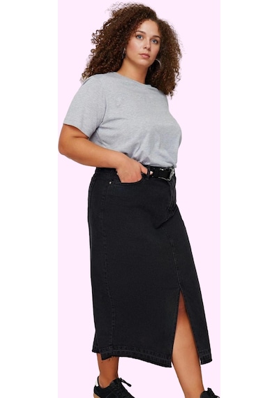 Ersefa Moda Büyük Beden Regular Düz Desen Günlük Midi Boy Ön Yırtmaçlı D Siyah