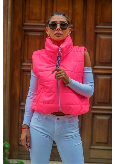 Genel Pembe Dik Yaka Beli Lastikli Cepli Kısa Şişme Yelek