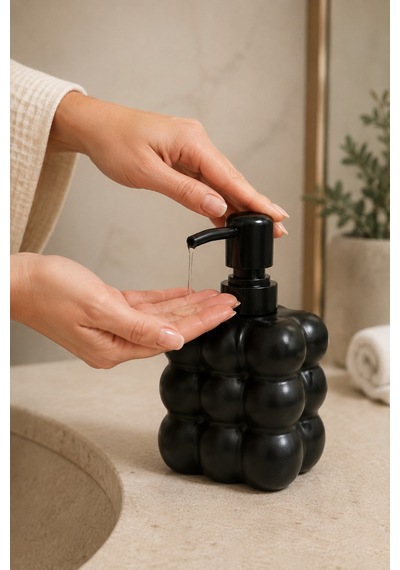 Modern Bubble Sıvı Sabunluk 400 Ml Siyah Pompalı Kabarcık Desenli Banyo Ve Mutfak Tezgâh Üstü Dispenser - 15 Cm X 9 Cm X 6,5 Cm
