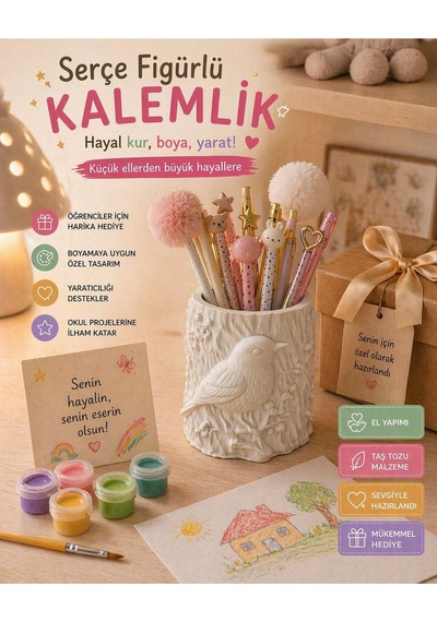 Taş Tozu Dekoratif Kalemlik Kuş Desenli Organizer Kalemlik & Masaüstü Dekoru