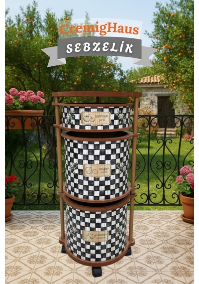 Ahşap Sebzelik Geleneksel Tasarım Yuvarlak Dama Desenli 2 X 7 + 3 Kg Kapasiteli Hazır Gönderim Diğer