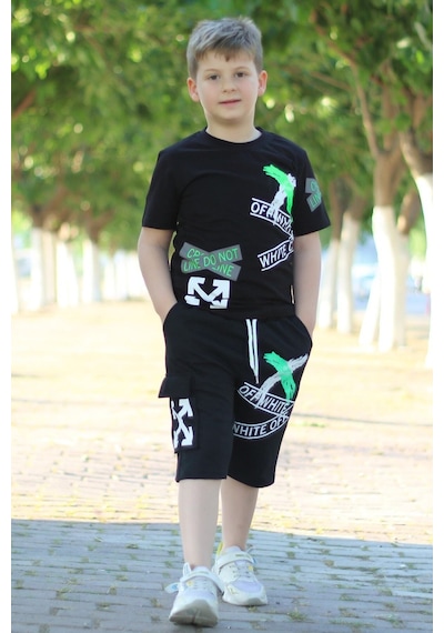 Off White Yazı Baskılı Kaprili Erkek Alt-üst Takımı Gri