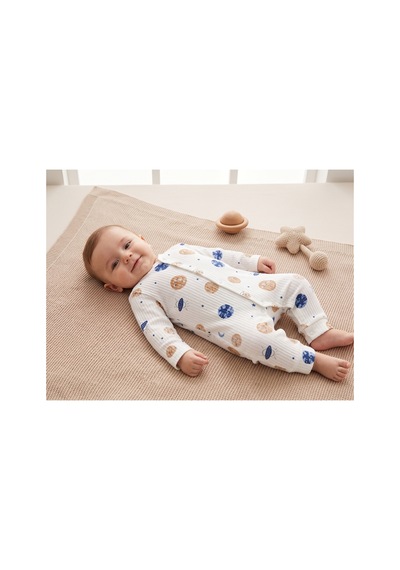 Deniva Kids Erkek Bebek Gezegen Desenli Fitilli Kaşkorse Boydan Çıtçıtlı Pamuklu Tulum Beyaz