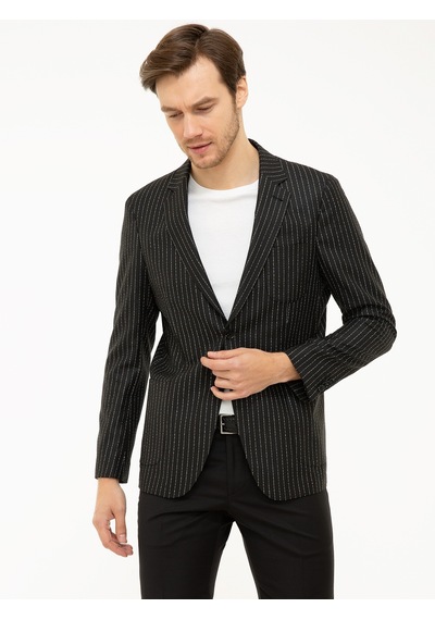 Cacharel Siyah Slim Fit Keten Karışımlı Çizgili Ceket