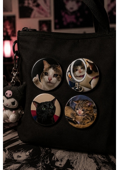 Mashspot Komik Kedi Rozet Seti 4'lü 1, 58 Mm Cat Meme Rozetleri, Çanta Ve Kıyafet Rozeti Çok Renkli