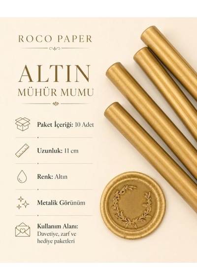 Altın Silindir Mühür Mumu, 10 Adet - 11 Cm, Zarf Ve Davetiye Mühr Diğer