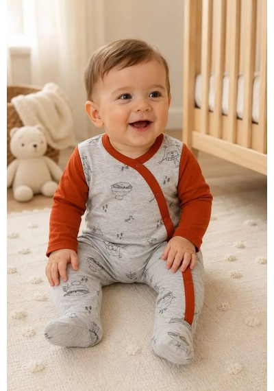 Ferasty İstanbul Unisex Bebek Tulum Rakun Desenli Gri Turuncu