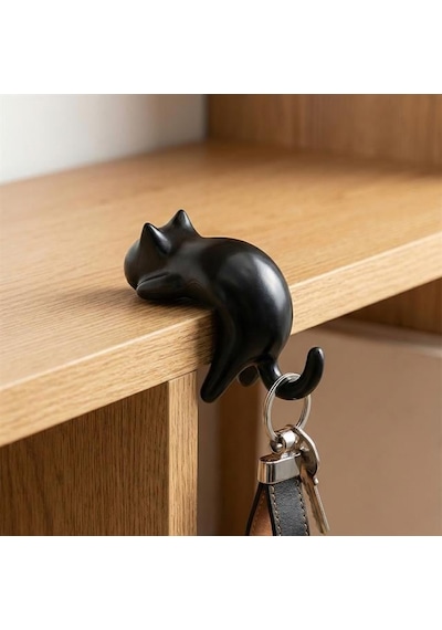 Sunup Sn-29184 Kedi Figürlü Yapışkanlı Köşe Askılık Siyah