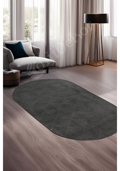Dijidekor Halı Cool Antrasit Pramit Desenli Saçaksız Oval Kes...