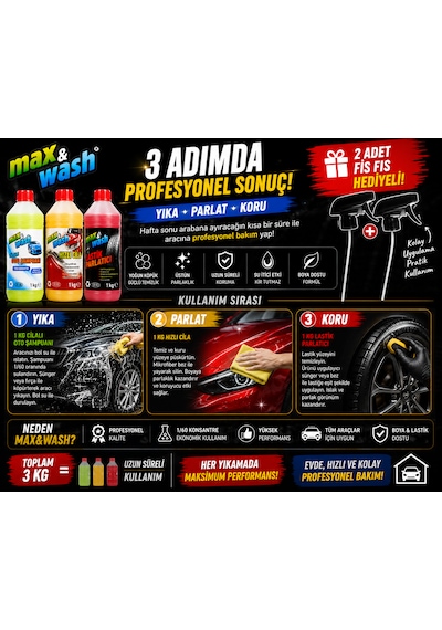 Max&wash Hafta Sonu Araç Bakım Seti 3'lü 1 Kg Cilalı Oto Şampuan + 1 Kg Hızlı Cila + 1 Kg Lastik Parlatıcı + 2 Adet Fısfıs Başlık Hediyeli