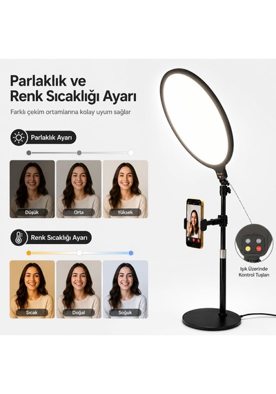 12 İnç Ring Light Telefon Tutuculu, 2700k-6500k Ayarlanabilir Işıklı Halka Lamba, Alüminyum Alaşımlı Canlı Yay